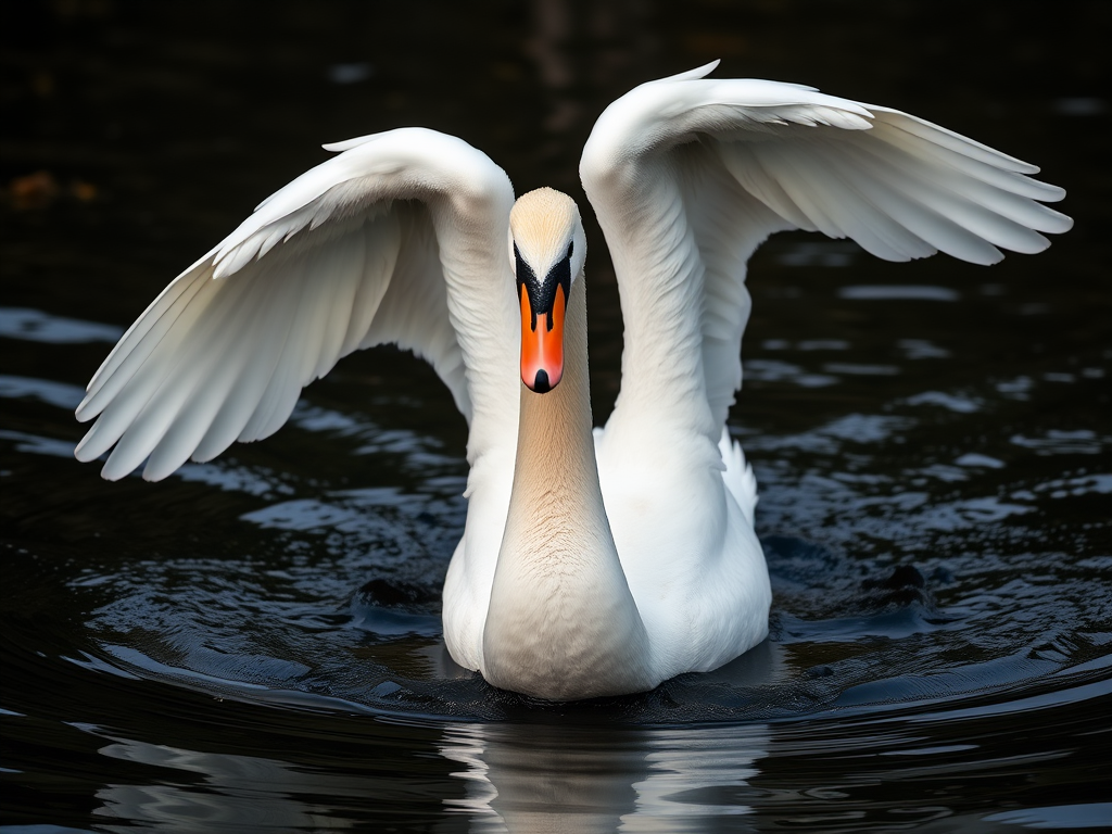 Capture a close-up shot of a swan spreading its wings on a dark, reflective water surface, using a Canon EOS 5D Mark IV, 85mm f/1.8 lens, ISO 200, shutter speed 1/1000s, aperture f/4, natural lighting, shallow depth of field.