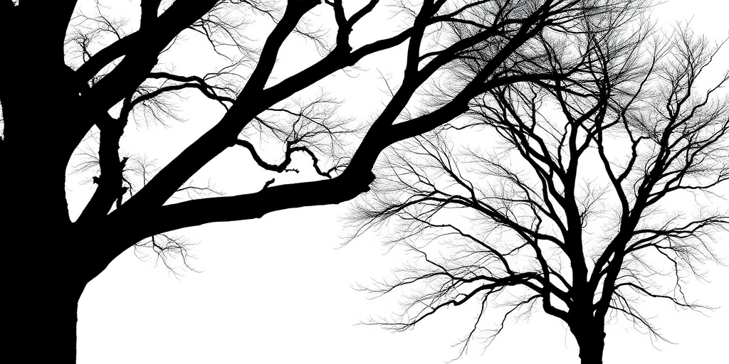 Capture a high-contrast silhouette of a large tree and a smaller tree with bare branches against a white background, using a DSLR camera, f/8 aperture, ISO 200, 50mm lens, and a low angle view to emphasize the shapes of the trees.