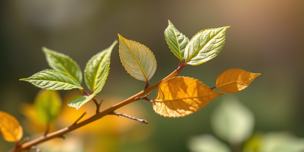 Regenerate a stylized floral illustration featuring three branches with distinct leaf colors: green, silver, and gold, captured with a macro lens, f/2.8 aperture, 50mm focal length, soft natural lighting, high-resolution digital format.