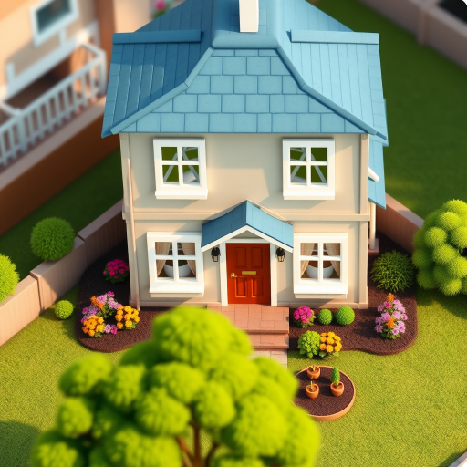 Create a high-resolution, isometric view of a two-story cartoon house with a blue roof, large windows, a brown door, vibrant flower beds, and a green tree in the foreground, using a DSLR camera set to f/8 aperture, ISO 100, 24mm focal length, and natural lighting.