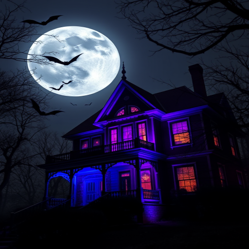 haunting haunted house with purple and blue lighting, full moon in the background, spooky bats flying, overgrown trees, eerie atmosphere, captured with a DSLR camera, 24mm lens, f/2.8 aperture, ISO 400, long exposure for enhanced details and shadows.