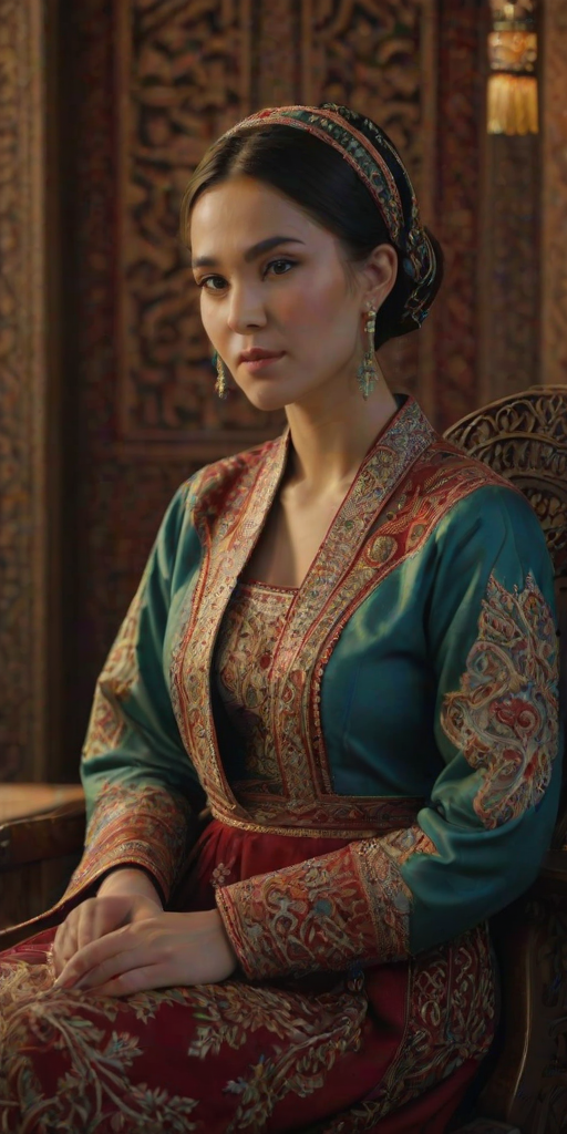 A beautiful Turkmen woman in traditional East Asian attire, intricately detailed with embroidered patterns, sitting gracefully in a richly decorated room, soft ambient lighting, serene and elegant, ultra-realistic, 8K resolution