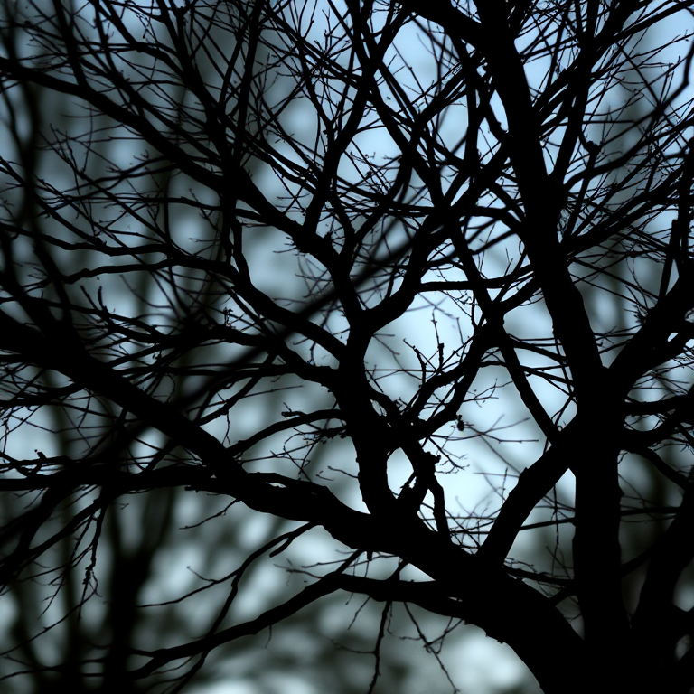 Generate a high-resolution image of a minimalist black silhouette of a tree with intricate branches, taken with a Canon EOS R5, 50mm lens, f/1.8 aperture, ISO 100, in natural lighting, with a shallow depth of field to enhance detail and create a soft background blur.