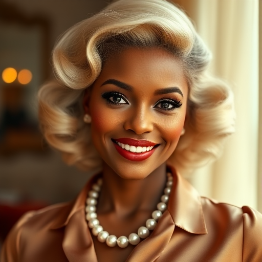 A beautiful Afro-Caribbean woman reminiscent of 1950s Hollywood glamour, with perfectly styled blonde hair and a seductive smile, dressed in a satin blouse and adorned with pearls, soft and warm tones, photorealistic, 8K