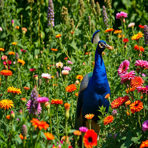 Generate a vibrant garden scene featuring a peacock among lush flowers and plants, shot with a Canon EOS R5 at f/2.8, 1/200s, ISO 100, using a 50mm lens from a low angle to capture depth and color, in natural daylight for enhanced clarity.