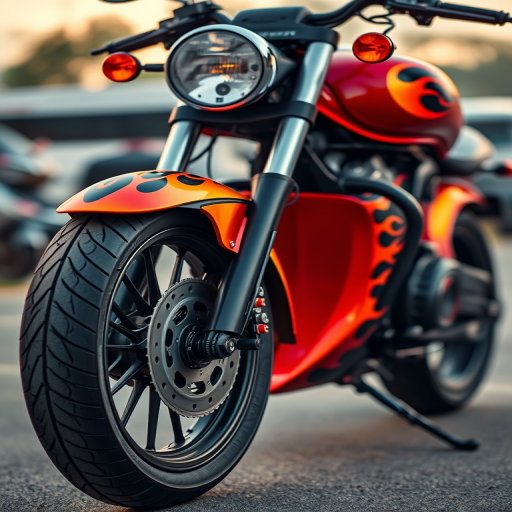 Generate a high-resolution image of a motorcycle with flames on the body, captured at a low angle with a 50mm lens, f/2.8 aperture, 1/250 sec shutter speed, and ISO 100, using a DSLR camera with a focus on vibrant colors and sharp details against a blurred background.