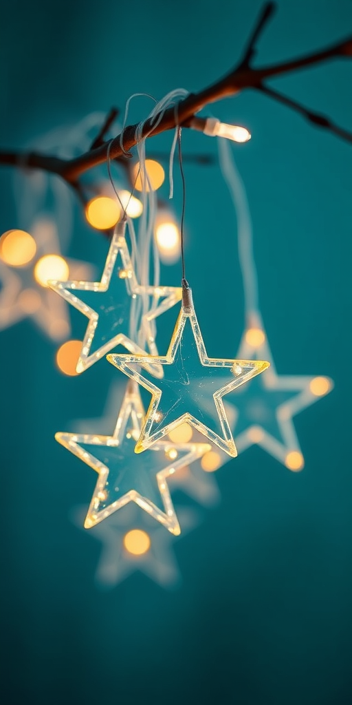 Star-shaped fairy lights hanging on a branch with a blurred teal background, soft focus for a magical effect, shot with a DSLR camera at f/2.8, ISO 200, 50mm lens, using natural lighting for a warm glow.