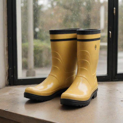 Generate an image of a pair of stylish, yellowish-beige rubber boots with a relaxed fit, featuring a thick black sole and a yellow stripe along the base. The boots should be placed next to a window, showcasing a modern and clean aesthetic.