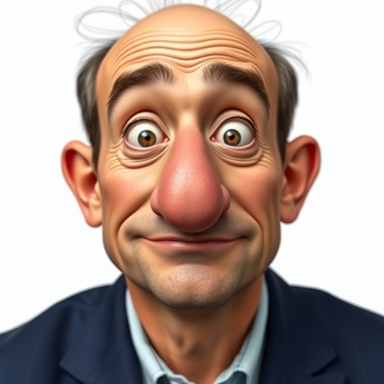Generate a cartoon character of a man with a large nose and exaggerated features, using a DSLR camera with a 50mm lens, aperture set to f/2.8, high dynamic range settings, in portrait view to enhance colors and details.