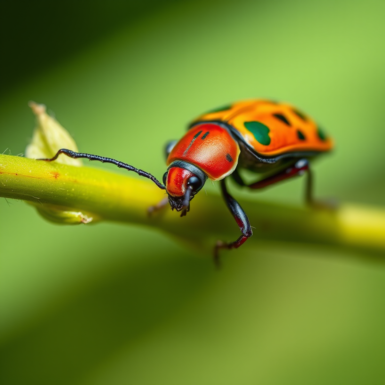 macro photograph of a colorful beetle perched on a green stem with a blurred natural background, f/2.8 aperture, ISO 100, 100mm macro lens, taken with a Canon EOS 5D Mark IV, natural light for enhanced vibrancy and detail.