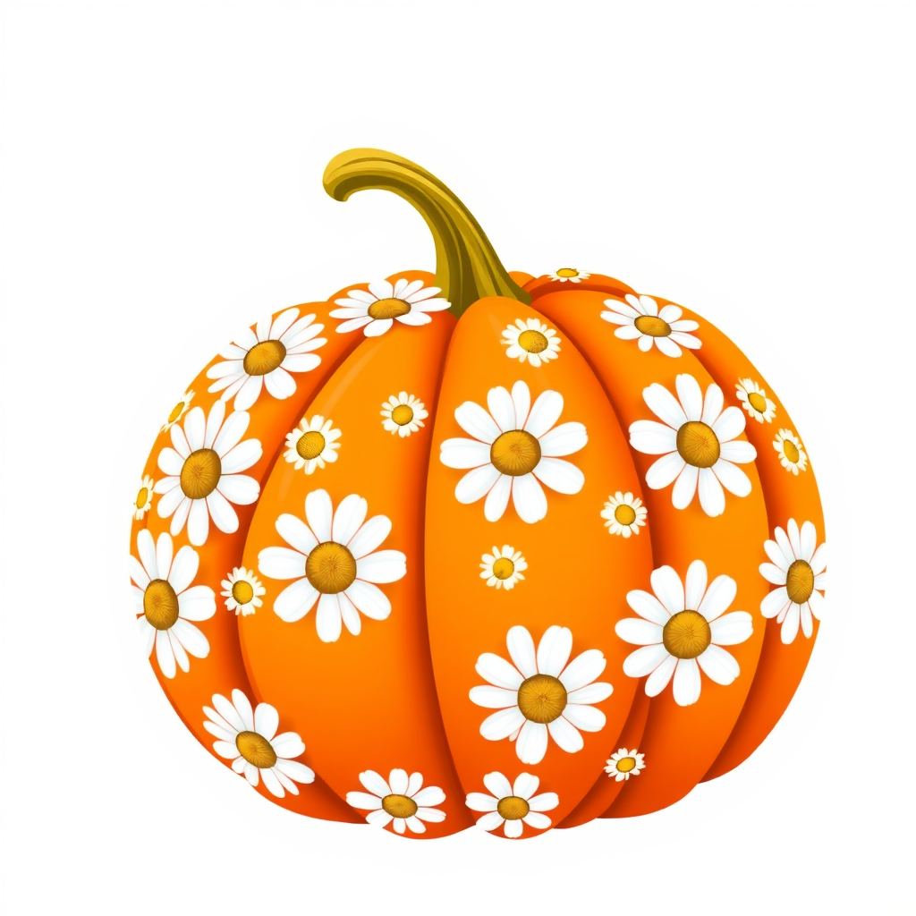 a whimsical orange pumpkin with white daises pattern covering the pumpkin. Solid white background sublimation vector 3000dpi 32k