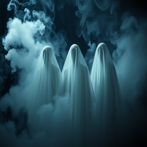 Create an ethereal scene with three ghostly figures draped in translucent white veils surrounded by swirling smoke, shot with a Canon EOS R5, 50mm lens, f/1.8 aperture, ISO 100, 1/100 sec shutter speed, in low light with dramatic shadows and a moody atmosphere.