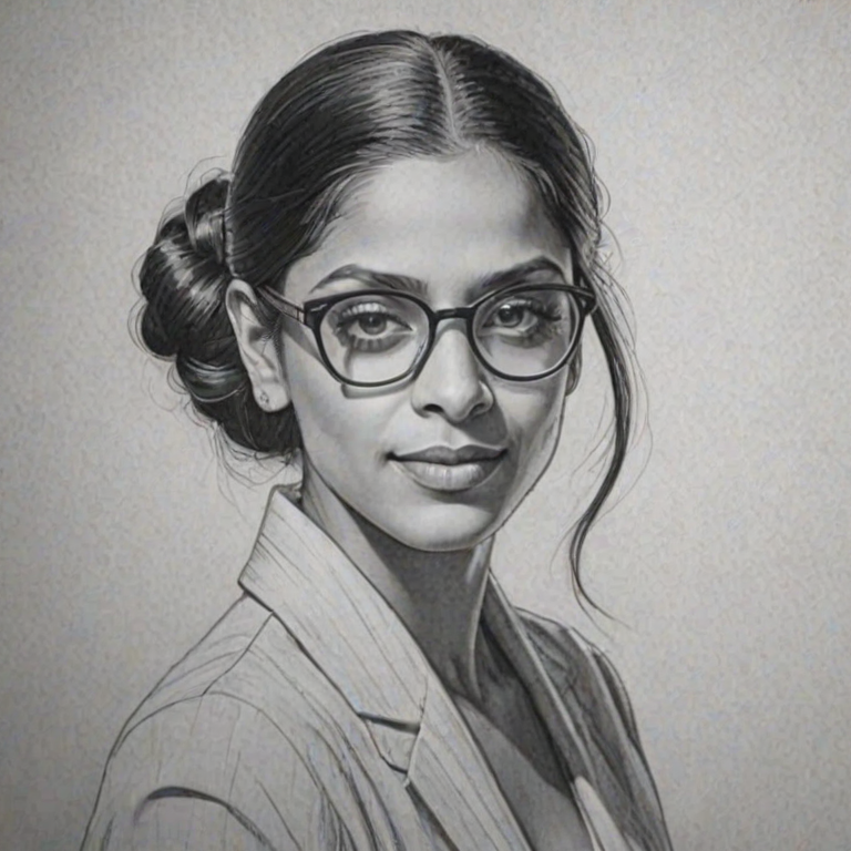Dazzling Lilly Singh, pencil sketch, portrait of Graceful woman 1920s in glasses, hair style beatnik, outline, clear lines, fine lines, 8k