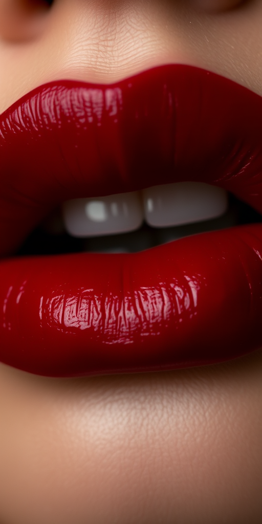Velvety deep crimson lips with a soft, blurred edge, exuding mystery and allure, perfect for a sultry and romantic look