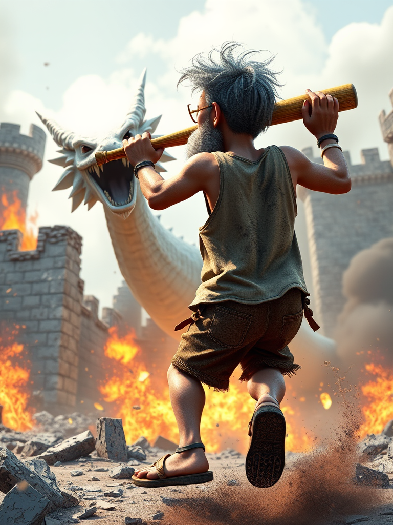 Cartoon 3D High-Resolution,dynamic battle scene using Unreal Engine 5 and Octane Render. The scene features back of an elderly, thai man with a beard,messy hair and round golden-rimmed glasses. He is wearing a tattered tank top with soot marks, shorts, and sandals. sweating. he wields a baseball bat. He jump to fight with a white fire-breathing Europe dragon amidst a partially destroyed stone castle. Include intense flames, smoke, and debris to enhance the dramatic effect.