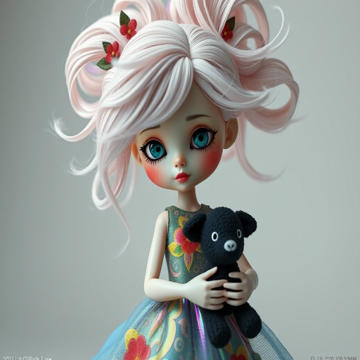 Create a highly detailed 3D rendering of a whimsical doll character with elaborate hair, wearing a colorful iridescent dress adorned with floral patterns, holding a small black stuffed animal, shot with a DSLR camera at f/1.8 aperture, ISO 100, 50mm lens, in a well-lit studio setting to enhance colors and textures.