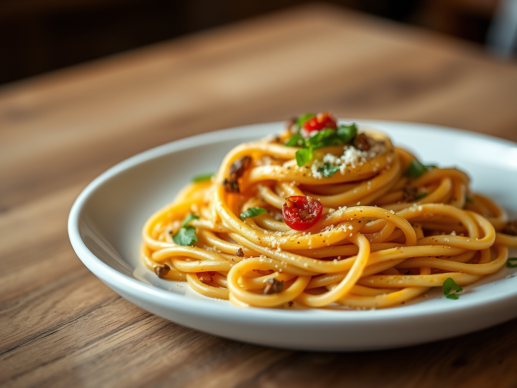 Create a high-resolution image of a gourmet pasta dish on a white plate with a blurred bokeh background, using a Canon EOS R5 with a 85mm lens at f/1.4, ISO 100, 1/200s, shot from a slightly elevated angle to capture the texture and detail of the pasta.