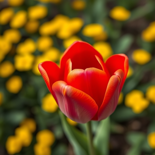 capture a vibrant red tulip against a backdrop of yellow flowers with a shallow depth of field, use a 50mm lens, aperture f/1.8, shutter speed 1/200, ISO 100, shot from a top-down perspective, DSLR camera, natural light