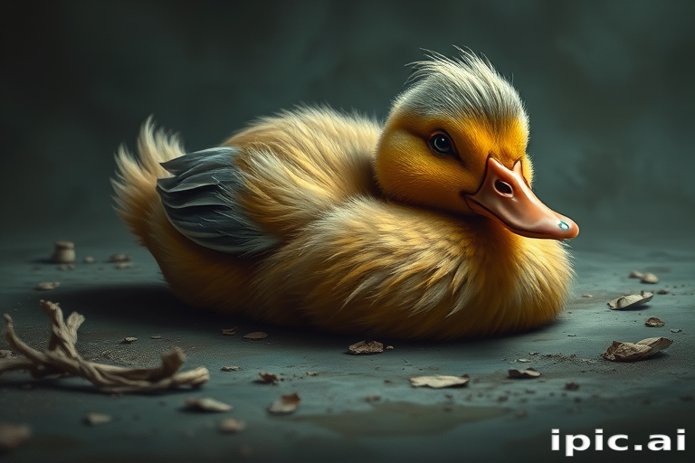 Stunning image of a cute adorable tired looking wacky duck laying flat on the ground, no emotions, moody, grainy, noisy, concept art, by Alberto Seveso, Cyril Rolando, Dan Mumford, Meaningful Visual Art, Detailed Painting, Digital Illustration,