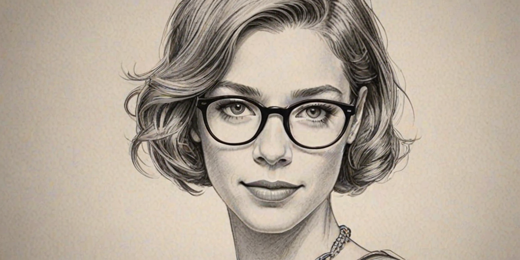 Pleasing Tessa Ferrer, pencil sketch, portrait of Stunning woman 1929s in glasses, hair style beatnik, outline, clear lines, fine lines, 8k