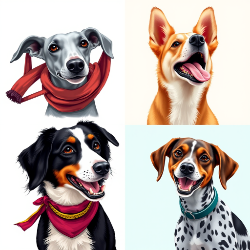 Create a vibrant digital illustration of four different dog breeds: a Greyhound with a scarf, a Border Collie with a joyful expression, a German Shorthaired Pointer with a collar, and a mixed breed with a happy demeanor, using a DSLR camera with a 50mm lens, f/1.8 aperture, ISO 200, and natural light for enhanced detail and color vibrancy.