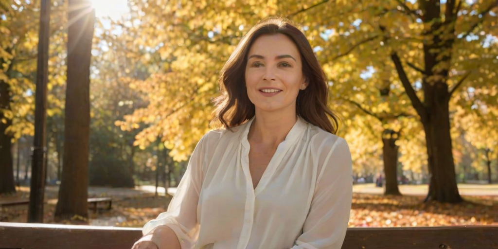 Soft-focus image of a woman in her 30s, casually dressed in a flowing white blouse and jeans, sitting on a park bench surrounded by autumn leaves, sunlight filtering through the trees above.