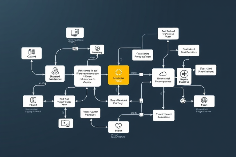Create a flowchart illustration with interconnected arrows and icons representing business processes, using a clean vector style, high-resolution digital format, shot with a Canon EOS R5 at f/8, ISO 100, 50mm focal length, top-down view for better clarity and detail.