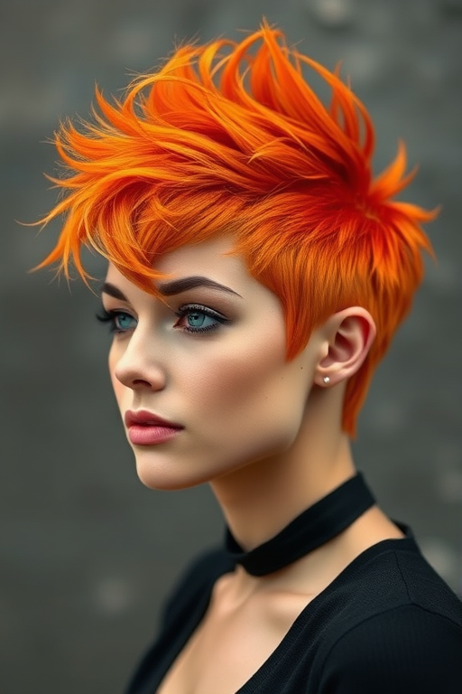 Fiery orange pixie cut with textured spikes, the "Phoenix Flame" style symbolizes rebirth and daring transformation for the fearless trendsetter