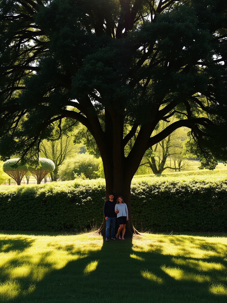 A lush green landscape with a large tree, featuring two people standing under it, captured in natural sunlight, using a DSLR camera with a 50mm lens, aperture f/2.8, ISO 200, and a slight soft focus effect for a serene atmosphere.