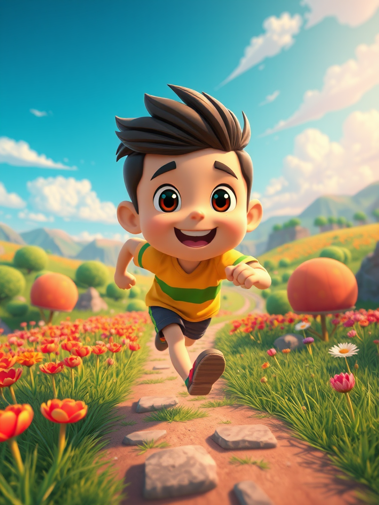 animated character running in a vibrant landscape, 35mm lens, f/2.8 aperture, ISO 100, top-down view, dynamic composition, high resolution, cartoon style
