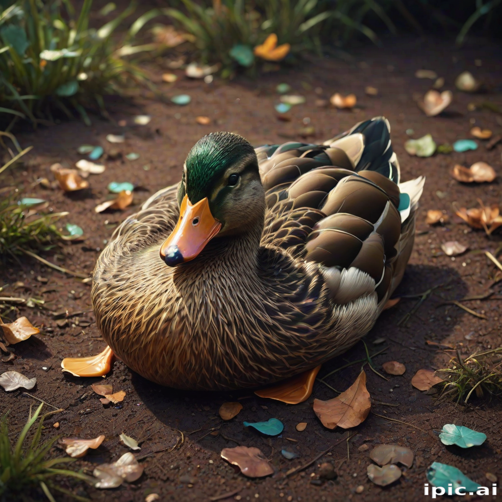 Stunning image of a cute adorable tired looking wacky duck laying flat on the ground, no emotions, moody, grainy, noisy, concept art, by Alberto Seveso, Cyril Rolando, Dan Mumford, Meaningful Visual Art, Detailed Painting, Digital Illustration,