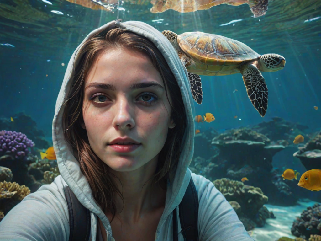 Realistic selfie image of a Mizrahi, wearing a vintage outfit, detailed dreamy eyes, droopy hooded eyes, staring at the camera, taken underwater at coral reef with a sunbeam filtering through the water, vibrant, summer vacation, natural lighting, turtle and school of tropical fish with vibrant colors, rendered in the style of CryEngine, Pegi Nicol MacLeod, with realistic genre scenes, hauntingly beautiful narratives, ultra-realism, and Thomas Saliot's close-up technique, 8K resolution, crystal clear and sparkling water.