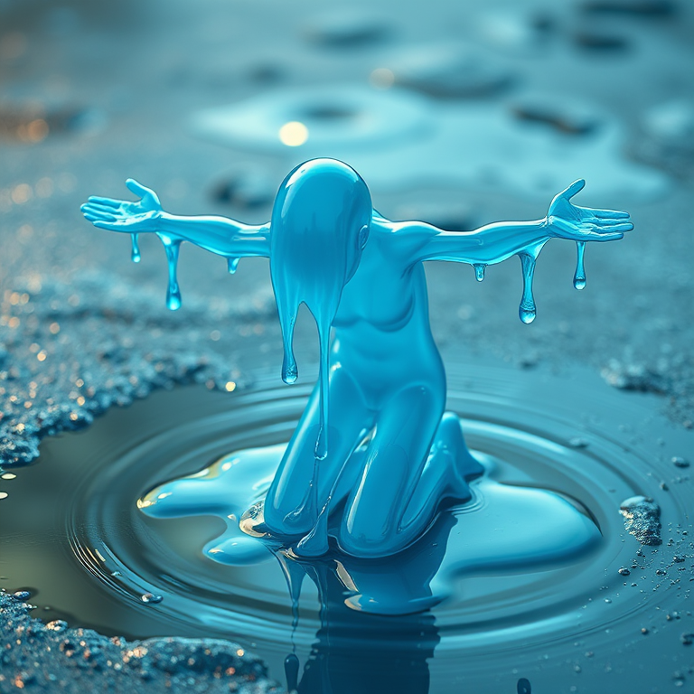 Create a high-resolution illustration of a fluid figure, semi-transparent and dripping blue substance, kneeling with arms extended in a puddle, soft lighting, depth of field, captured with a DSLR camera, 50mm lens, f/2.8 aperture, ISO 100.
