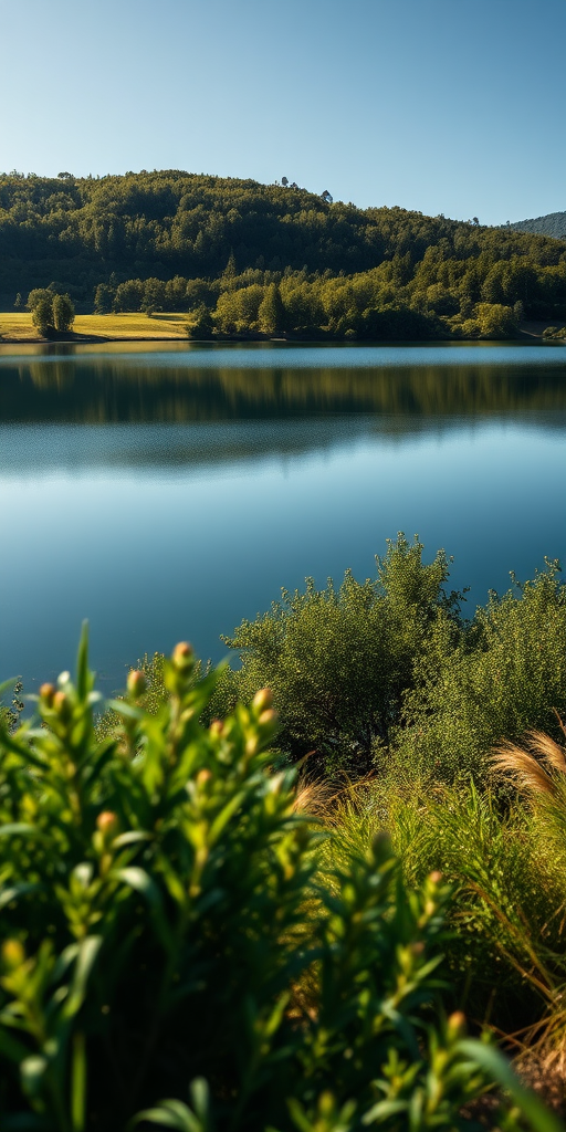 Generate a high-resolution image of a serene landscape featuring a tranquil lake surrounded by lush greenery, shot with a DSLR camera at 50mm focal length, aperture set to f/8, ISO 100, with a vibrant color profile and natural lighting, from a slightly elevated angle to capture the reflection on the water.