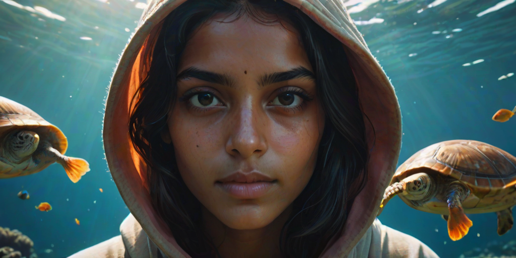 Realistic selfie image of a Sri Lankan, wearing a vintage outfit, detailed dreamy eyes, droopy hooded eyes, staring at the camera, taken underwater at coral reef with a sunbeam filtering through the water, vibrant, summer vacation, natural lighting, turtle and school of tropical fish with vibrant colors, rendered in the style of CryEngine, Pegi Nicol MacLeod, with realistic genre scenes, hauntingly beautiful narratives, ultra-realism, and Thomas Saliot's close-up technique, 8K resolution, crystal clear and sparkling water.