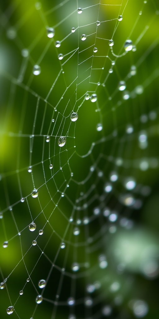 macro shot of a spider web covered in dew drops, f/5.6 aperture, 1/200s shutter speed, ISO 100, 50mm lens, natural light, shallow depth of field, focus on the web with a blurred green background