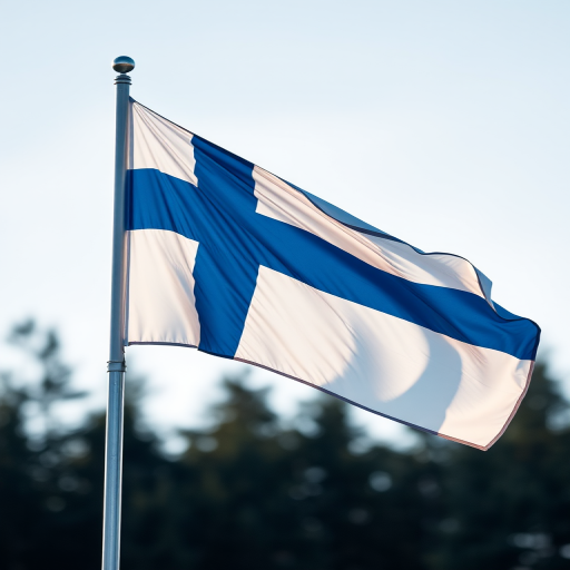 Flag of Finland gently waving in the wind, high-resolution, captured with a Canon EOS R5, 50mm lens, f/2.8, ISO 100, 1/200s, soft natural light.