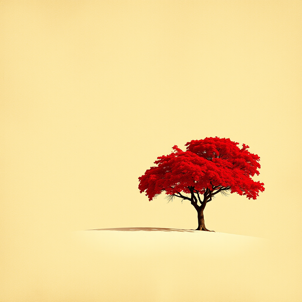 Create an image of a solitary red tree on a sandy hill with a vintage textured background, using a DSLR camera with a 50mm lens, aperture f/1.8, ISO 200, and natural lighting, shot from a low angle perspective to emphasize the height of the tree.