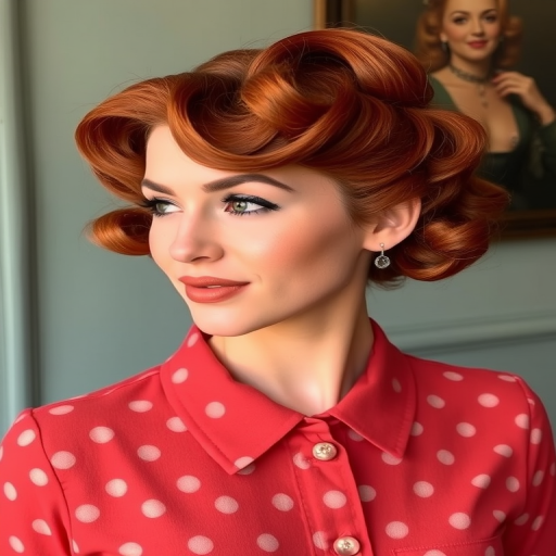 Copper penny hair color styled in voluminous vintage victory rolls, the Retro Flame style embodies classic glamour and timeless elegance with a fiery twist