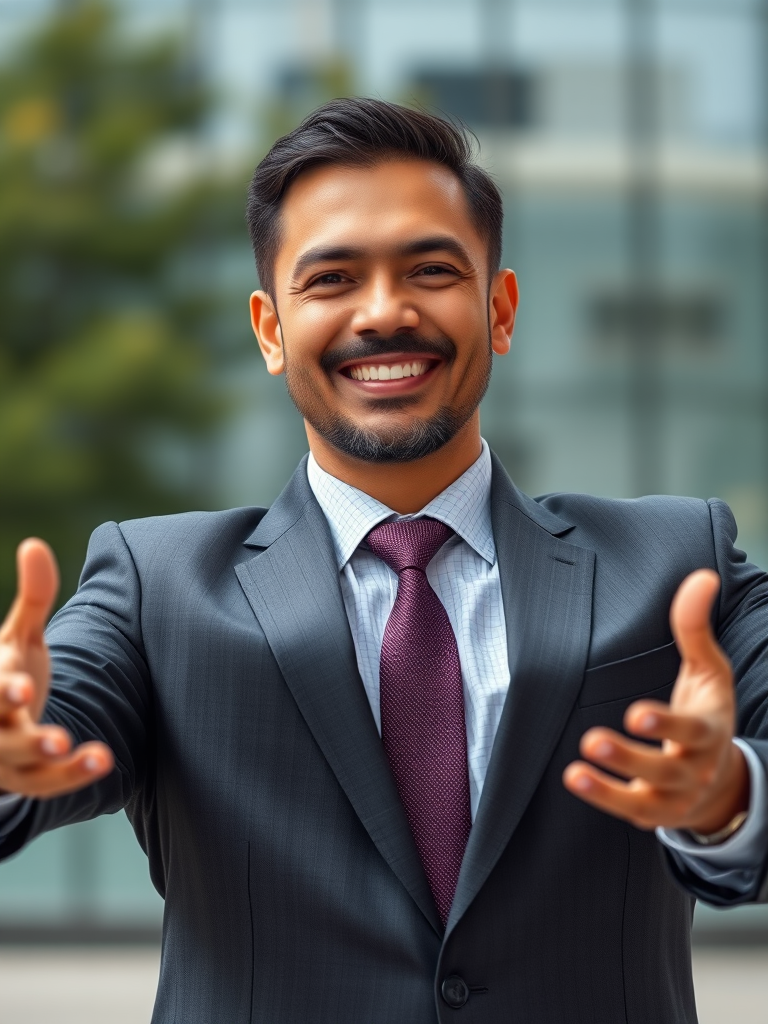 Create a portrait of a smiling man in a suit, arms outstretched as if welcoming, with a soft-focus background, using a Canon EOS 5D Mark IV, 70mm focal length, f/2.8 aperture, ISO 100, natural lighting to enhance image quality.