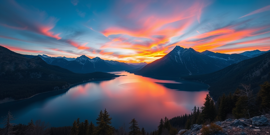 Generate an image of a serene landscape featuring a tranquil lake surrounded by mountains at sunrise with vibrant colors in the sky, using a DSLR camera with a 50mm lens, aperture f/1.8, ISO 100, 1/200 sec shutter speed, shot from eye level for a natural perspective.