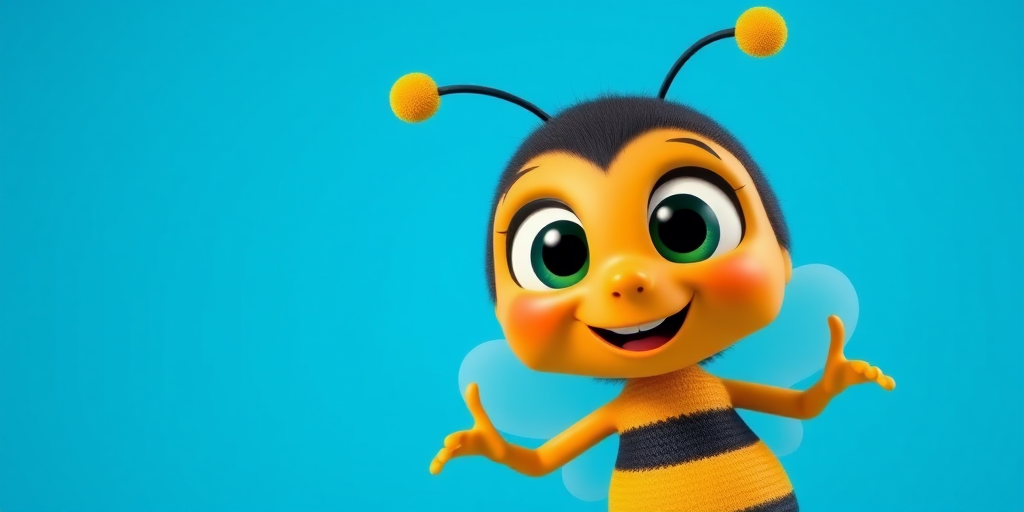 Generate a colorful cartoon bee character with big expressive eyes, wearing a black and yellow striped outfit, in a playful pose against a bright blue background, using a Canon EOS R5, 50mm f/1.2 lens, shot at f/2.8, ISO 100, with a soft focus on the background to enhance the subject.