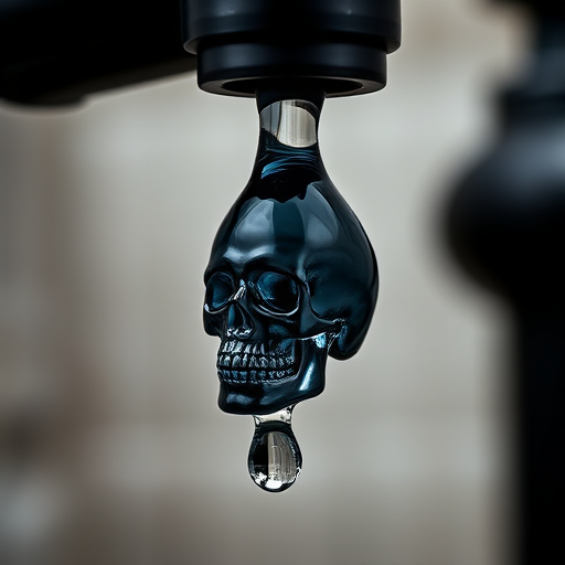 Design a high-resolution vector image of a black faucet dripping water that forms a droplet with a skull inside, captured with a DSLR camera at f/2.8, ISO 100, with a macro lens at a close-up view, utilizing natural lighting for clarity and contrast.