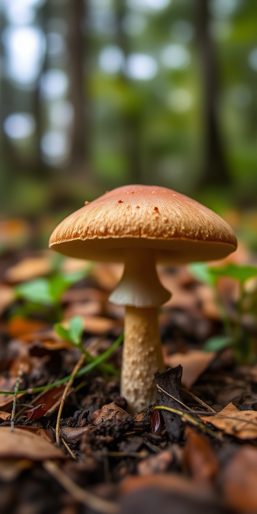 Mushroom in a forest setting, close-up, shallow depth of field, f/2.8, 1/200s, ISO 100, natural lighting, DSLR, macro lens, vibrant colors and details.