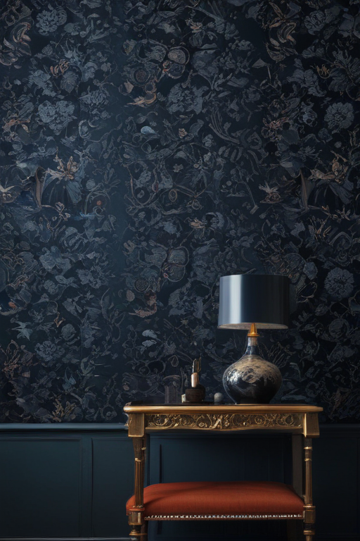 Elegant Interior Featuring Dark Floral Wallpaper and Stylish Table Lamp