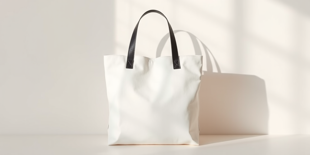 generate an image of a minimalist white tote bag with black handles against a soft neutral background, soft natural lighting casting gentle shadows, using a Canon EOS R5 with an RF 50mm f/1.2L lens at f/1.2, ISO 100, shutter speed 1/200s, in a studio setting for enhanced clarity and depth.