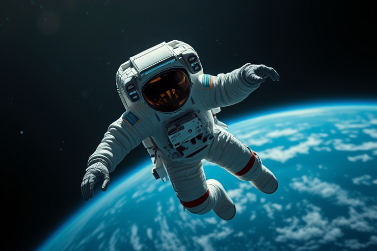 Create a hyper-realistic image of an astronaut floating in space with Earth visible in the background, using a Canon EOS R5, 50mm lens, aperture f/1.8, ISO 100, at night with dramatic lighting and a wide-angle view to enhance depth and detail.