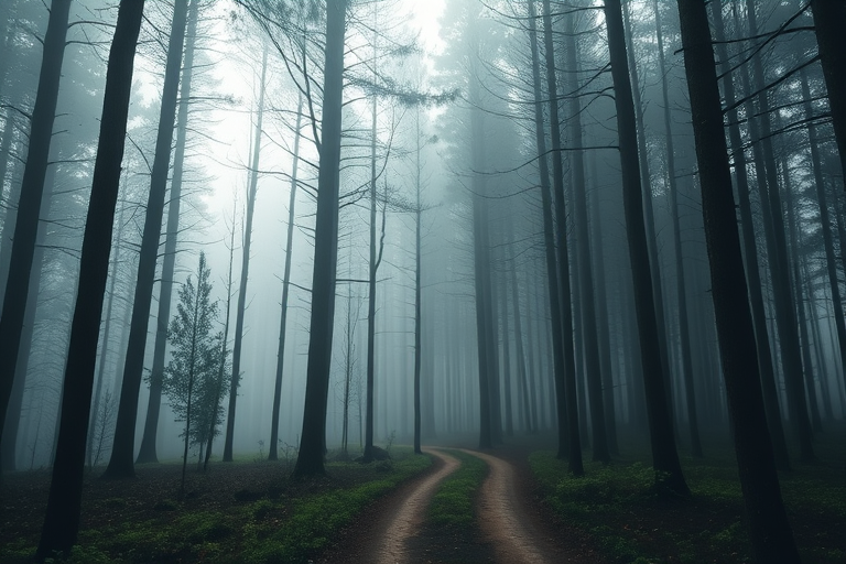 misty forest scene with tall trees and a winding path, soft natural light, depth of field, 50mm lens, f/2.8 aperture, ISO 200, shutter speed 1/125 sec, shot with a DSLR camera in landscape orientation