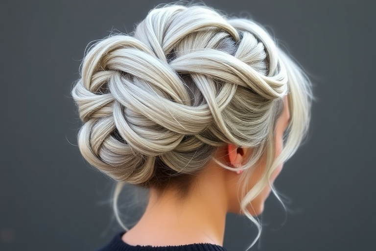 Elegant silver fox updo known as "Mercury Twist" showcasing a sophisticated blend of platinum and gray tones, styled into an intricate knotted bun with loose tendrils
