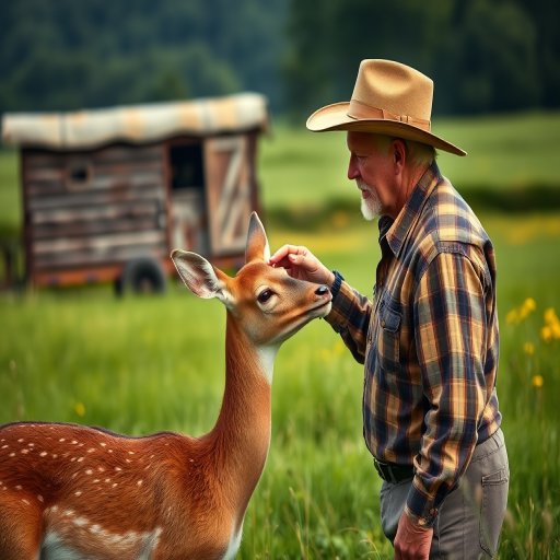 Generate an image of an older man in a hat gently petting a young deer in a lush green field near a rustic wooden trailer, captured with a Canon EOS R5, 85mm lens, aperture f/2.8, ISO 100, shallow depth of field for a blurred background effect.